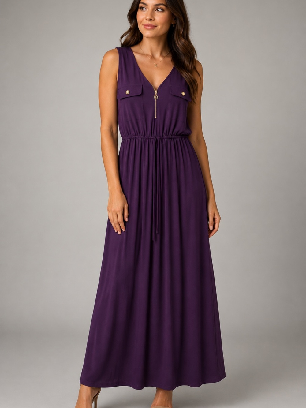 Emma & Michele Deep Purple Sleeveless Maxi with Zip Front